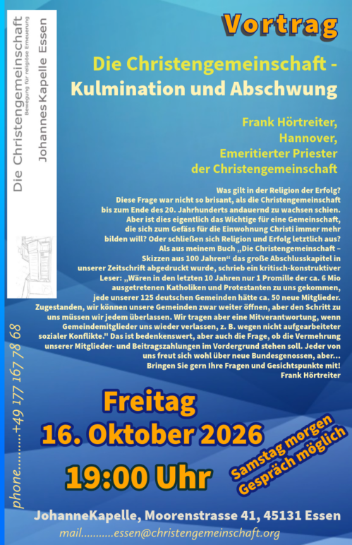 Vortrag „Die Christengemeinschaft – Kulmination und Abschwung“ mit Frank Hörtreiter, emeritierter Priester der Christengemeinschaft
