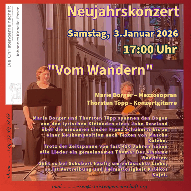 „Vom Wandern“                Neujahrskonzert mit Marie Borger, Mezzosopranistin und  Thorsten Töpp, Gesang /Komponist